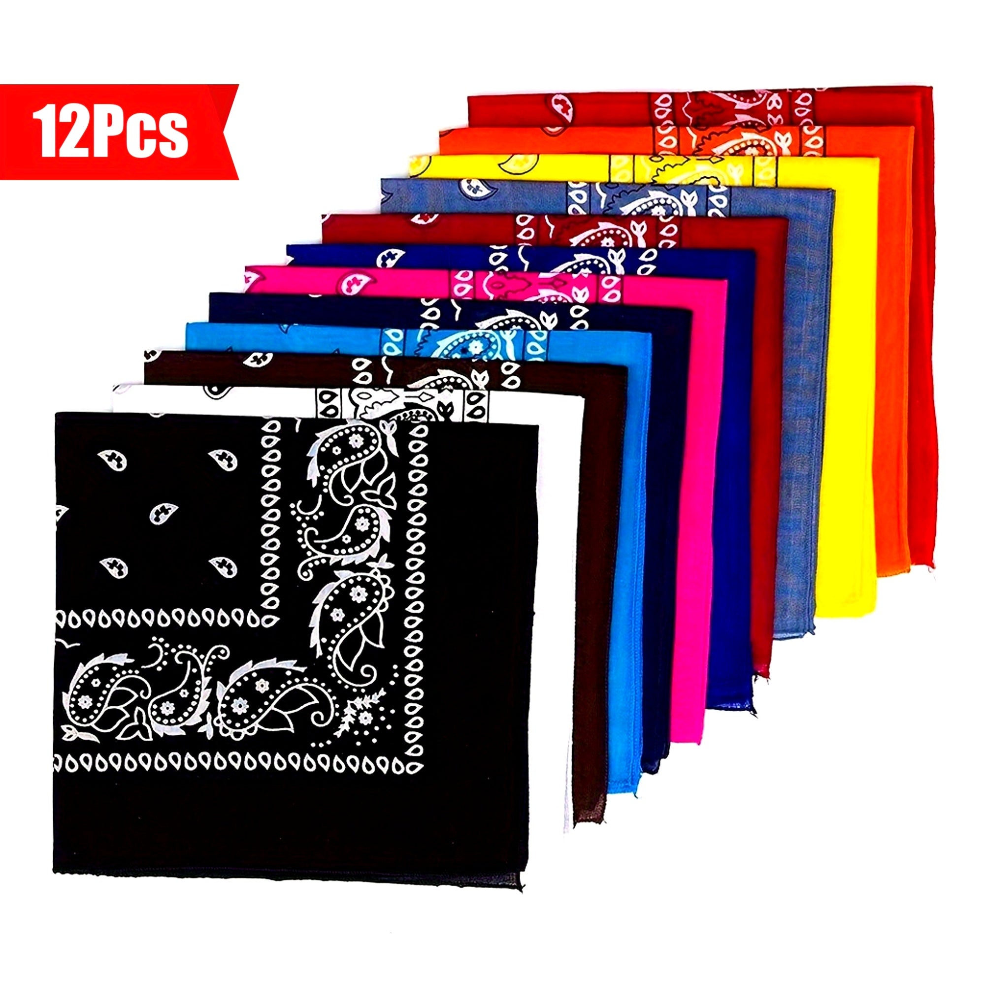12pcs Colorful Paisley Bandanas - Soft Breathable Absorbent Square Scarves for Cycling, Motorcycling & Outdoor Activities - Large Size Unisex Men & Women - 12 Vibrant Colors, Machine Washable